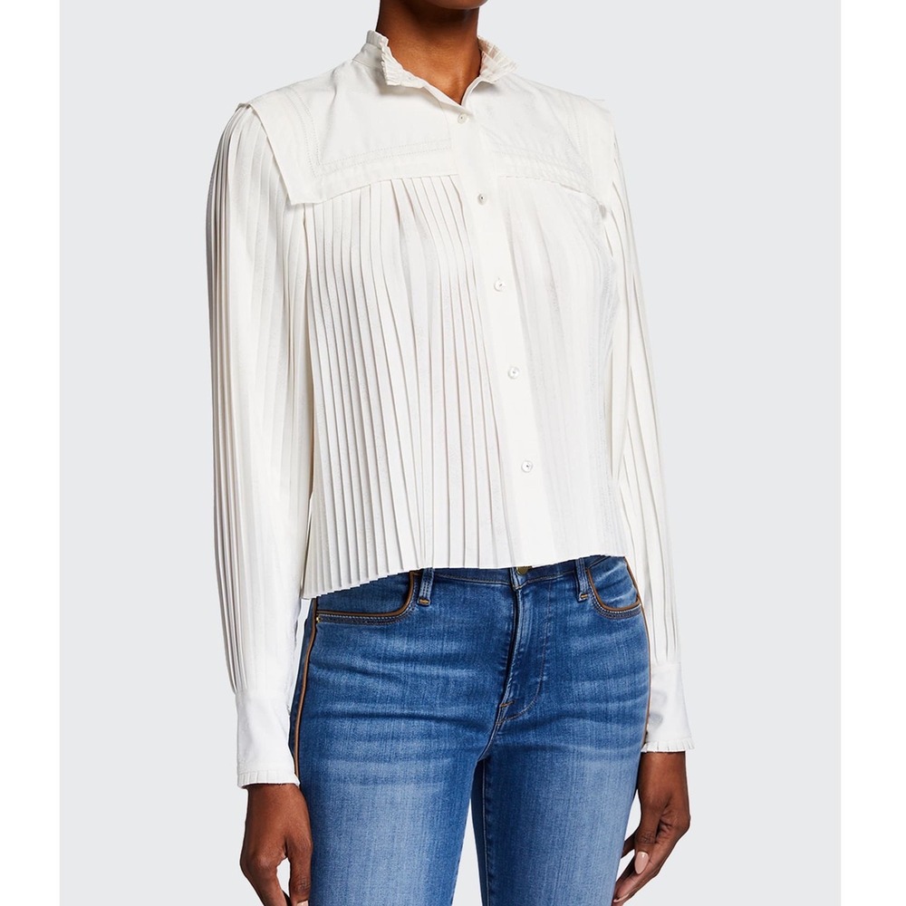 Veronica Beard White Pleated Ruffle Neck Blouse Top Size 6 Victorian Chic hh